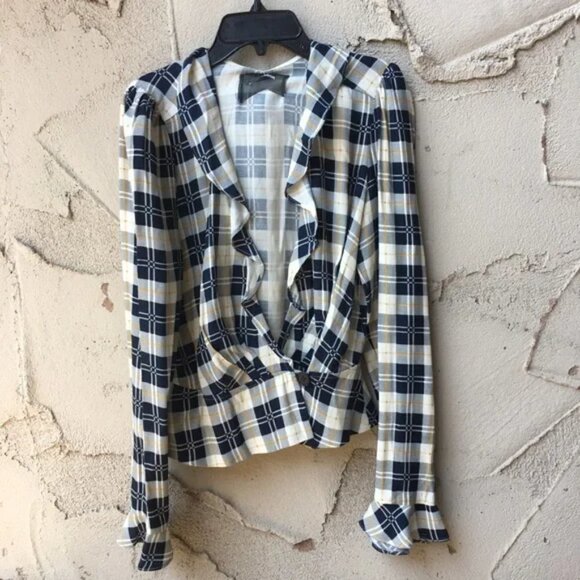 Reformation Lee Top Navy Tartan Plaid Wrap Blouse - Picture 2 of 13